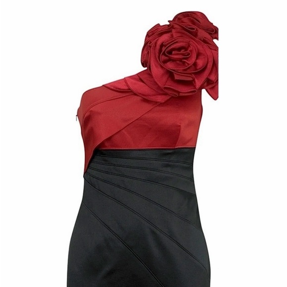 Karen Millen One Shoulder Red and Black Rosette Dress - Picture 3 of 7